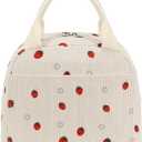 Corduroy Insulated Lunch Bags for Women Lightweight Reusable Large Capacity Handheld Cooler Tote Bag with Pockets Cute Floral Lunch Box for Travel Work Picnic (Strawberry Red)