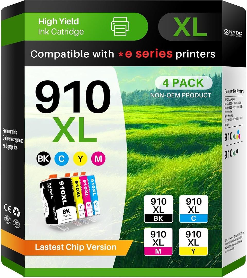 Skydo 910 Ink Cartridges Combo Pack Compatible for HP Ink 910 910XL Ink cartridges Work with OfficeJet 8015e 8025e 8010 OfficeJet Pro 8025e 8028e 8020 8035 Printers (Black Cyan Magenta Yellow)