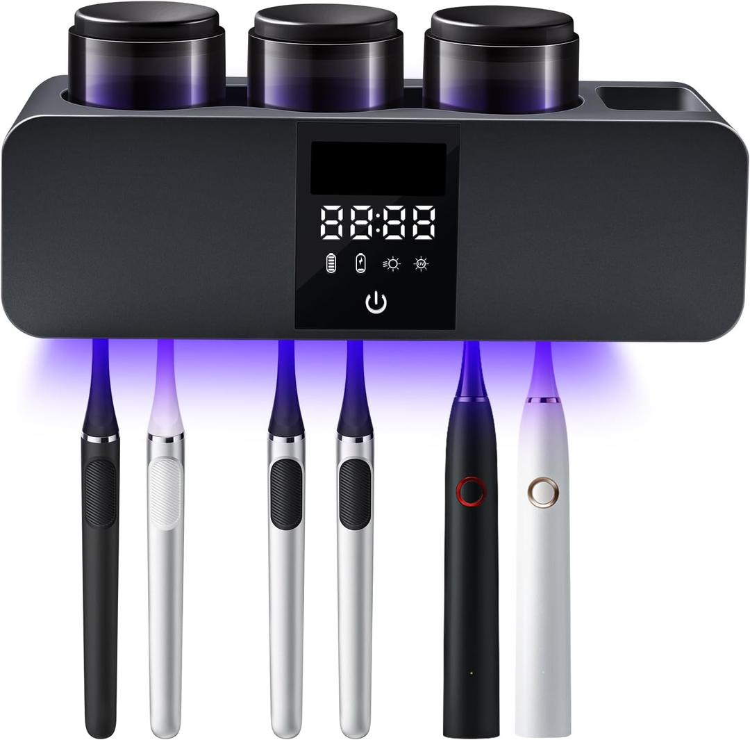 LXIANGN 3 in 1 Toothbrush Cleaner Holders for Bathrooms,Wall Mounted Toothbrush Holders with Drying and Cleaning,Smart LED Screen,6 Toothbrush Slots,3 Cups and Toothpaste Dispenser (Deep Grey)