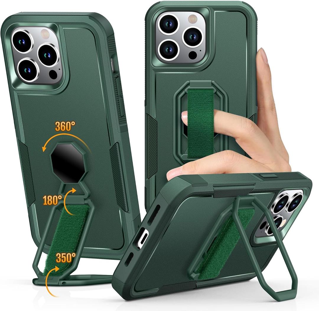 Shields Up for iPhone 15 Pro Max Case with Stand (Two-Way Stand & Finger Strap), 15 Pro Max Phone Case Phone Grip Case with Double Ring Holder, Heavy Duty Shockproof Cover, Green