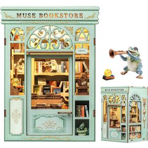Fsolis Book Nook Kit - DIY Miniature House Kit Bookshelf 3D Wooden Puzzles for Adults Beginners Tiny House Mini Booknook Bookshop Gifts for Women Book Lovers (Muse Bookstore)