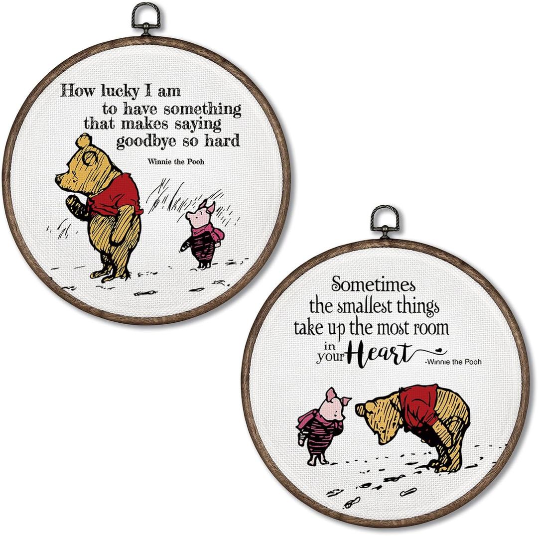 Giosve Cute Bear Pig Nursery Round Wall Art Canvas Framed Poster, Kids Room Decor, Cartoon Bear Pig Hanging Wall Sculptures for Baby Boys Girls Toddler Nursery Room Bedroom Decor, 10x10 Inch Set of 2