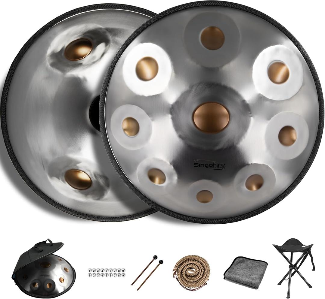 New Upgrad Dual-Faced Scale 12-Notes Handpan Drum, Handpan Drums for Adults, 440Hz D Minor Kurd Handpan, 10-Note Scale on Top, 2-Note Scale on Bottom, Beginner Handpan Drum (Gold Eye, 22 Inch)