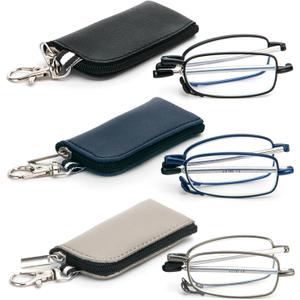 REAVEE 3 Pack Folding Reading Glasses with Keychain Compact Bags Women Men Blue Light Blocking Spring Hinge Portable Pocket Readers,Black Grey and Blue 0.0