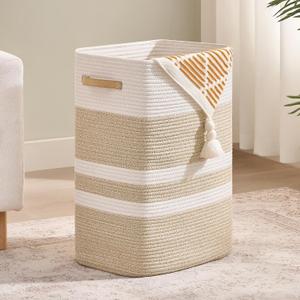 Nunsino Laundry Hamper,Laundry Basket with Leather Handles,Woven Storage Basket for Toys,Pillows,Blankets,Clothes,Brown&White