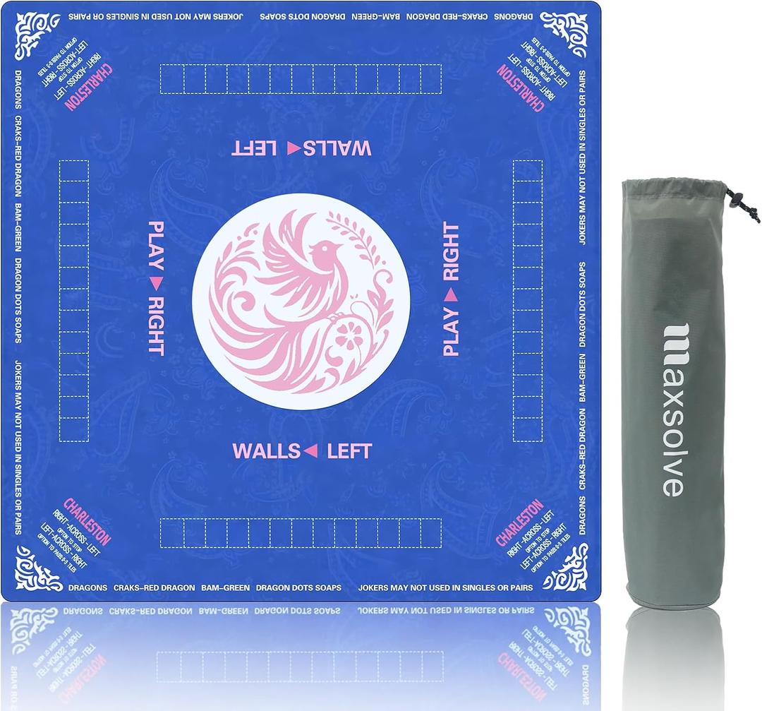 Mahjong Mat, 31.5" x 31.5" Neoprene Mahjong Table Mat with Rules, Anti Slip & Noise Reduction Gaming Mat for Poker, Card, Dominoes, Board & Tile Games, Mahjong Gift with Carrying Bag - Blue