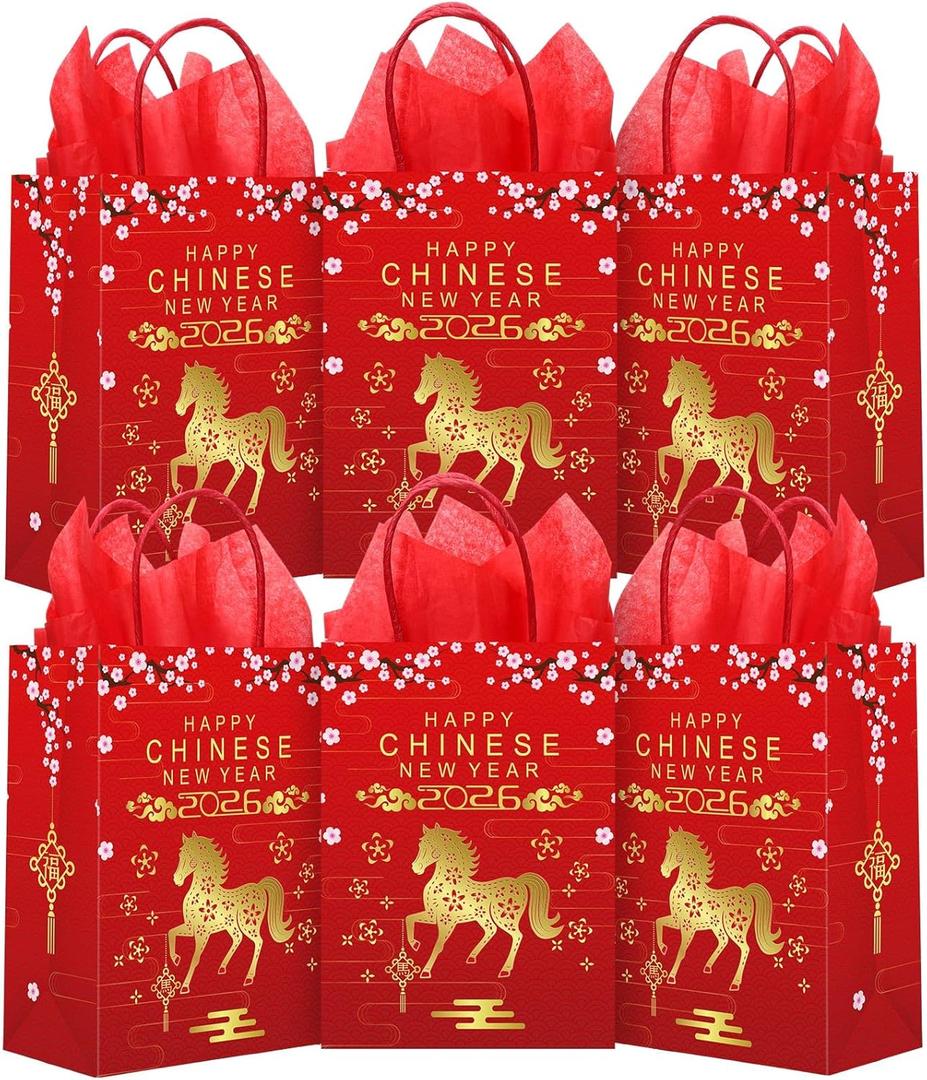 Kolldenn 20 Pcs Chinese New Year Gift Bags of the 2026 Horse Gift Bags with Handle and Tissue Paper Lunar New Year Paper Goodie Treat Bag for Family Neighbor Friend Spring Festival Party