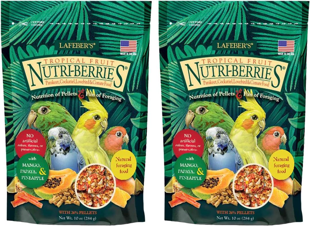 LAFEBER'S Tropical Fruit Nutri-Berries Pet Bird Food, Made with Non-GMO and Human-Grade Ingredients, for Cockatiels Conures Parakeets (Budgies) Lovebirds (Tropical Fruit 10 oz Pack of 2)
