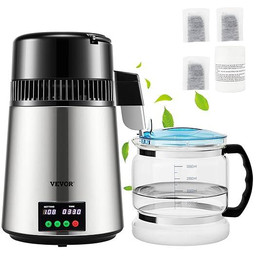 VEVOR 1.1 Gal Water Distiller, 0.3 Gal/H, Distilled Water Maker Machine 750W 099H Timing Set Temp Display, 304 Stainless Steel Countertop Distiller Glass Carafe Cleaning Powder 3 Carbon Packs, Silver