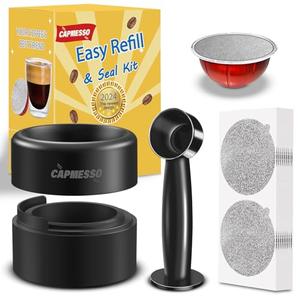 CAPMESSO Reusable Vertuo Pod Refill Kit, Faster Seal Reusable Nespresso Vertuo Pods with Fill & Press Brush,100pcs Aluminum Foil Lids for Refillable Nespresso Pods Vertuo