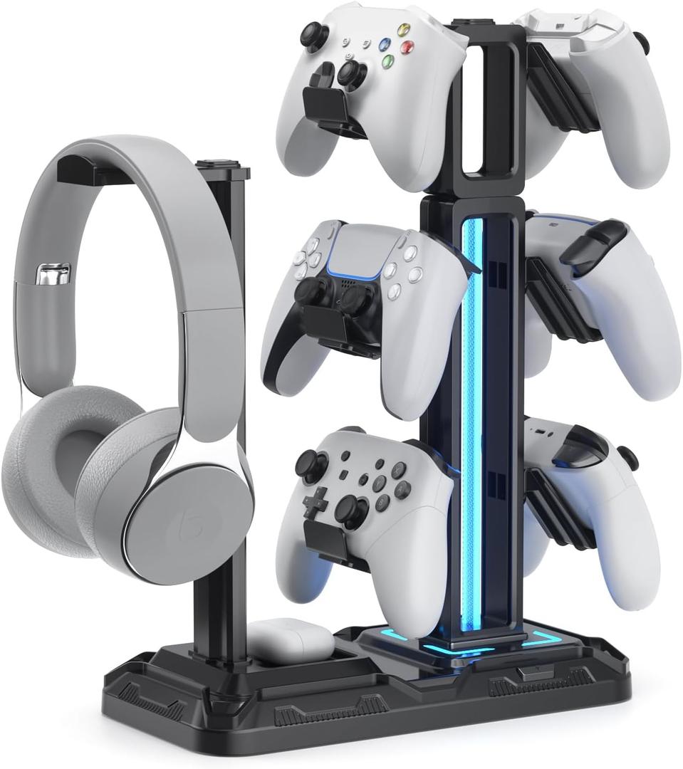 KDD RGB Multi-Controller Holder with 9 Light Modes - Rotatable Universal Headphone Hanger - Controller Stand with 6 Detachable Hooks for Desktop Gamer Accessories