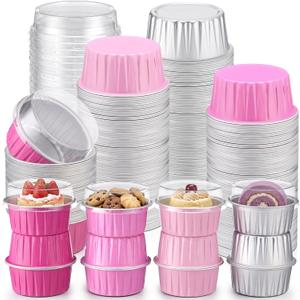 150 Pack 5 oz Cupcake Pans with Dome Lid Aluminum Disposable Foil Baking Cup with Lids Cupcake Liner Container for Valentine Wedding Birthday Party Muffins Cheesecakes Creme Desserts