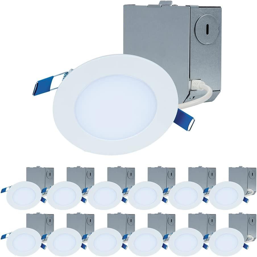 HALO HLBE 4 in LED Canless Recessed Lights 12-Pack, 3000K, 600 Lumens, Wet Location, Dimmable, Ultra-Slim 1/2 in Profile Ceiling Downlights for New Construction and Remodel - HLBE4069301EMWR-12PK