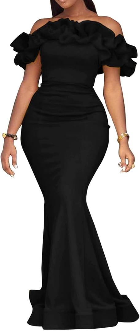 Cololura Sexy Floor-Length Off Shoulder Ruffles Stringy Selvedge Mermaid Bodycon Party Evening Maxi Dress
Black XL