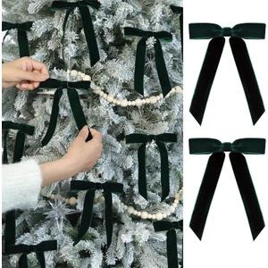 Flair Gifts 24 Pcs Velvet Christmas Bows Ornaments- 5 x 7 Inch Dark Green Luxury Velvet Ribbon Bows for Christmas Tree Decor, Wreaths, Gifts Wrapping, Wine Glasses, Rattan Strips and Xmas Home Decor