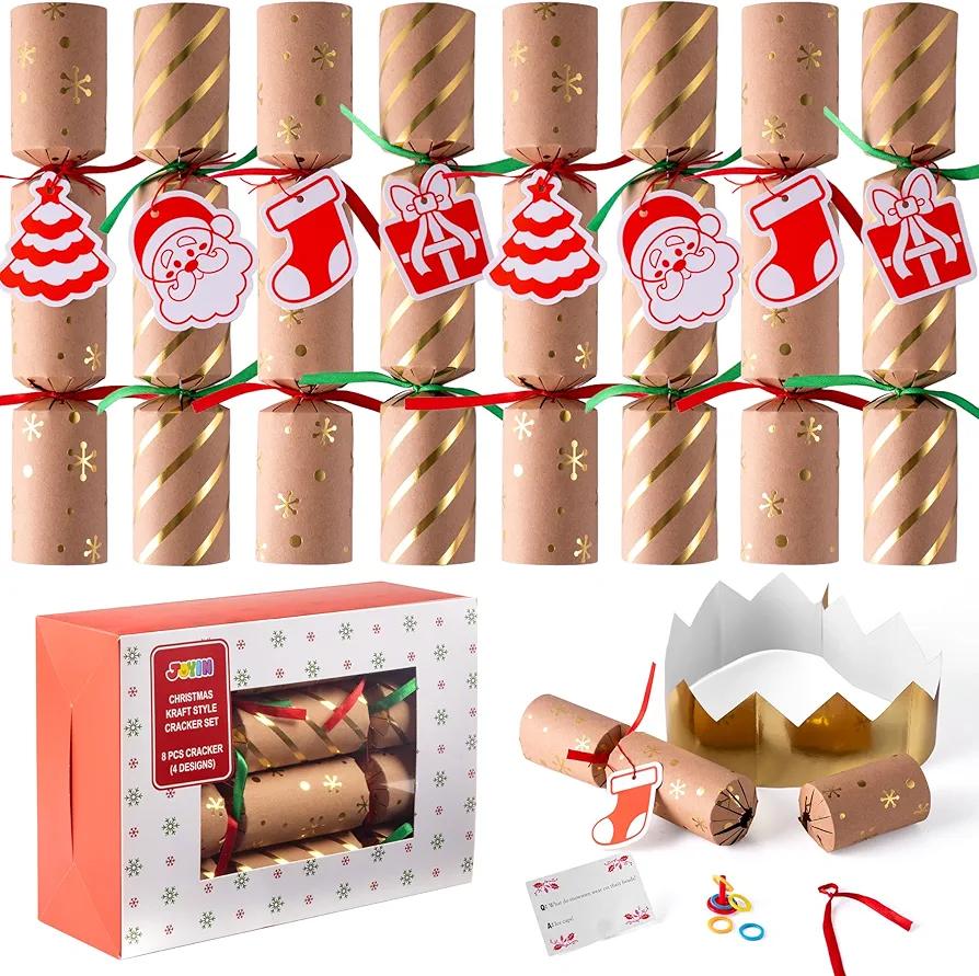 JOYIN 8 Pcs 10” Christmas Non-Snap Party Table Favor with Classic Design, with Party Hat, Joke & Little Gift Inside, for Xmas Gift, Christmas Seasonal Holiday Dinner Traditions, Kraft Snowflakes
