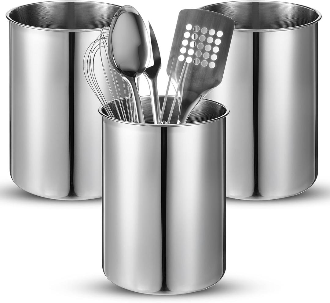 3 Pcs Cooking Utensil Holder for Kitchen Counter, 5.6 x 7.5 inch Metal Utensil Crock Stainless Steel Utensils Holder Container Canister Spatula Spoon Caddy Organizer (Silver)