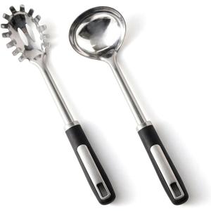 Stainless Steel Ladle and Pasta Server Set, Food-Grade Thickened Metal Soup Ladle & Spaghetti Spoon with Non-Slip Handles, Durable Cooking Utensils for Pasta, Soup & Everyday Kitchen Use