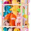 Stuffed Animal Storage Zoo Organizer Natural Pine Plushies Storage with Elastic Bands Vertical Wood Toy Holder Mesh Net Space Saving Design for Playroom Nursery Kids Bedroom (Wood Color Beeyellow Bee Board)