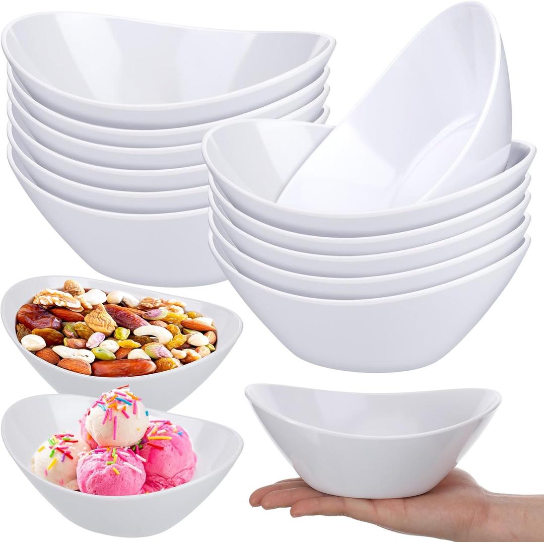 Dingion 12 Pcs Melamine White Serving Bowls 7'' x 5.3'' x 2.7'' 15 oz Oval Serving Dishes for Salad Pasta Fruit Cereal Dishwasher Dipping Ice Cream Dessert Display Garden Tea Camping Party Dinner