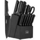 15 Pcs Kitchen Knife Set with Block Self Sharpening, Dishwasher Safe, 6 Steak Knives, Anti-slip handle, Black
