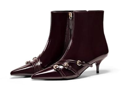 Coutgo Womens Buckle Strap Ankle Booties Kitten Low Heel Pointed Toe Y2K Boots Side Zipper Fall Shoes, Burgundy, Size 7