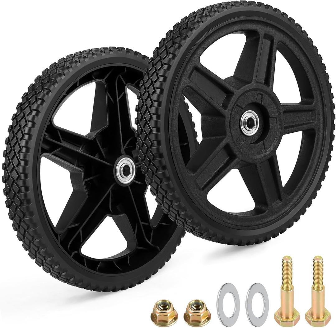 12" Universal Push Lawn Mower Wheels (2-Pack) - Replacement Tires with 1/2" Bore Bearings & 1.58" Hub Width - Includes Installation Bolts & Nuts - Fits Garden Carts, Pressure Washers