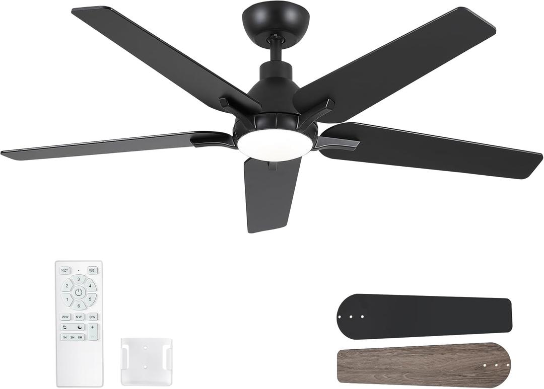52 Inch Ceiling Fans with Lights and Remote, Black Modern Ceiling Fan for Bedroom, Living Room, Dining Room, Patio, LED Dimmable 6 Speeds DC Quiet