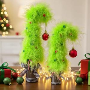 Grinchmas Christmas Decorations, 2Pcs Mini Green Grinchmas Christmas Trees with Plush Fur Surface, Christmas Decor for Table Home Shelf Cabinet, Home Display, Tabletop