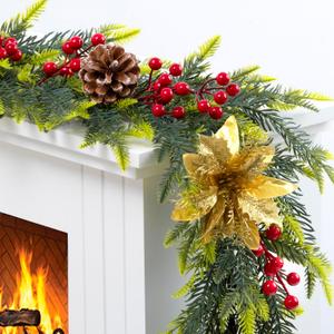 6.5FT Christmas Garland with Star Lights,Prelit Christmas Decorations,Lighted Garland with Battery Operated,Golden Flower Denser Realistic Gradient Xmas Greenery,Home Decor for Mantle Fireplace Table