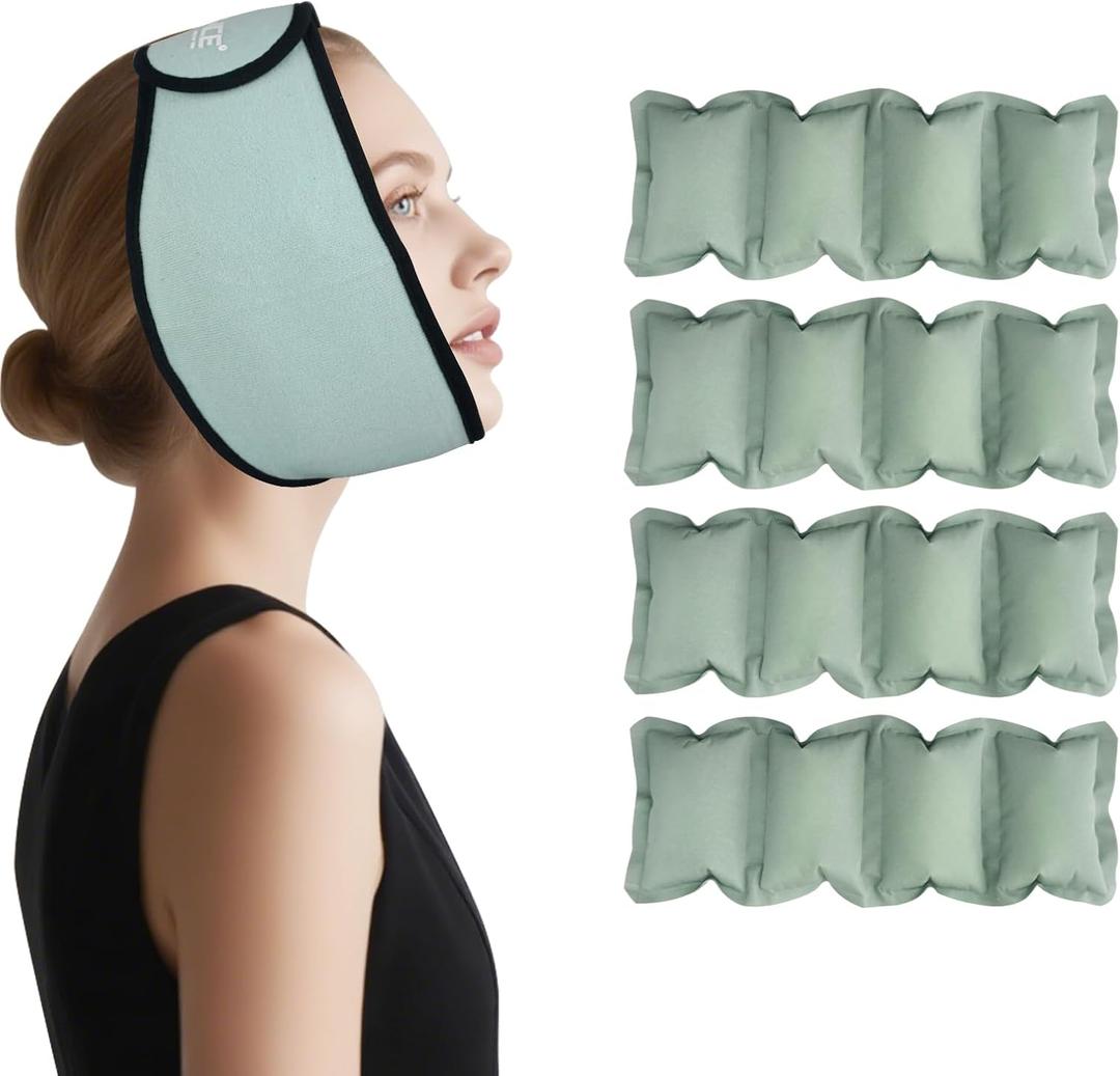 Wisdom Teeth Ice Pack Head Wrap for TMJ Pain Relief, Oral Surgery Recovery, Face & Jaw - Reusable Hot & Cold Therapy with 4 Gel Packs for Dental Implant, Tooth Extraction, SwellingPea Green