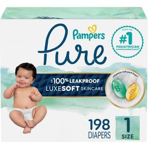 Pampers Pure Baby Diapers, Size 1 (8-14 lbs), 198, Up to 100% Leakproof, Premium Hypoallergenic Soft Diapers
