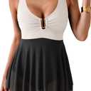 B2prity Women's One Piece Swim Dress Swimsuit Tummy Control V Neck Swimdress Mesh Bathing Suit Skirt U Ring Swimwear (White, Black)