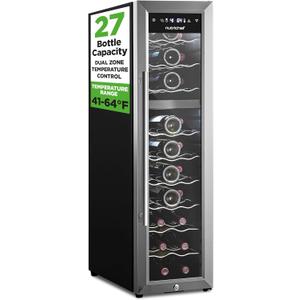 Nutrichef 27 Bottle Wine Fridge | Dual Zone Wine Chiller | Adjustable Temperature 41F to 64F | Ultra Quiet Operation | Wine Cooler For Home, & Office | Free Standing 43x11x23 IN (Black)
