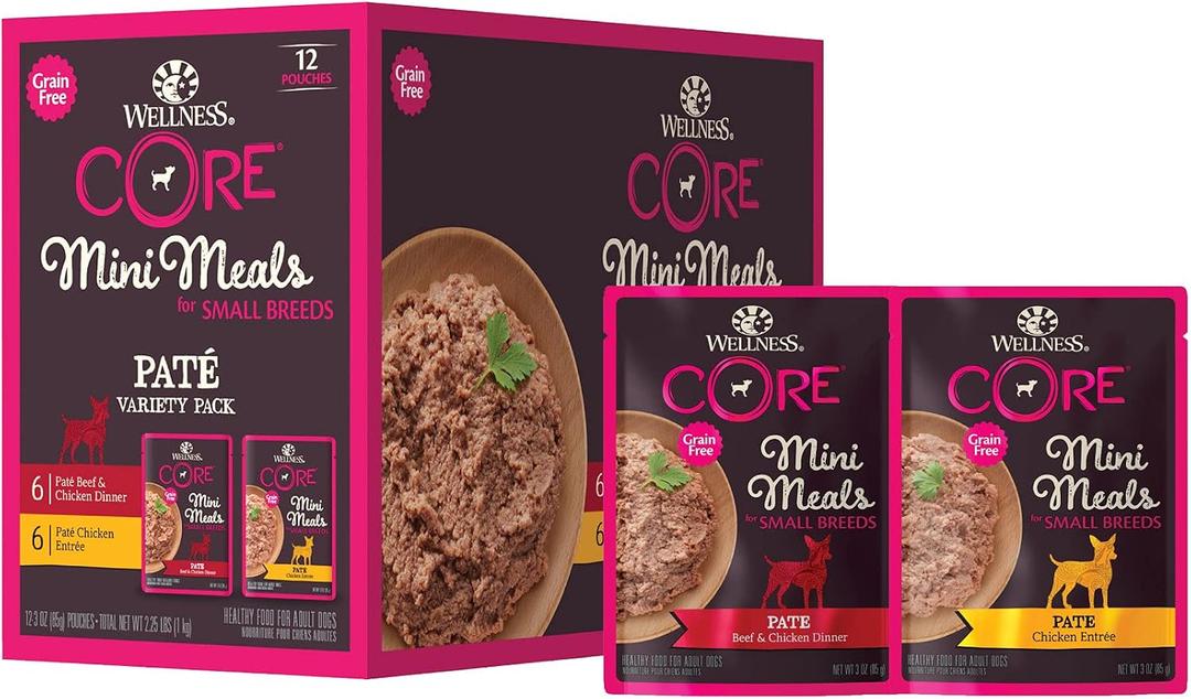 Wellness CORE Small Breed Mini Meals Pate Variety Pack Adult Wet Dog Food, Grain Free, Natural, 3 oz, Pack of 12 (EXP 03/08/27)