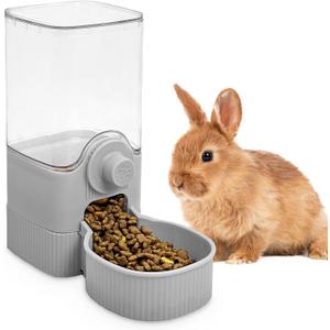Fhiny Rabbit Food Dispenser, 40oz Large Capacity Hanging Gravity Bunny Feeder for Cage Automatic Guinea Pig Feeding Bowls Pet Food Storage for Bunny Guinea Pig Chinchilla Ferret Cat Puppy (Grey)