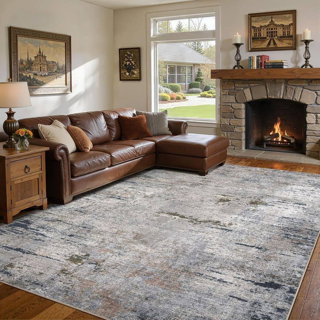 DMOYEST Area Rug Living Room Rugs - 8x10 Washable Large Soft Indoor Neutral Modern Abstract Low Pile Rug Carpet for Bedroom Dining Room Farmhouse Home Office - Blue/Grey/Brown