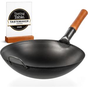 YOSUKATA 14" Carbon Steel Wok with Round Bottom Pre-Seasoned Pow Wok for Stir Fry Traditional Chinese Japanese Black Steel Pan Outdoor Cookware for Gas Stovetops, Open Fire, BBQ, Camping