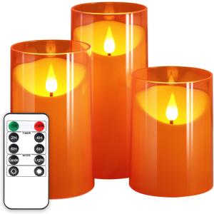 NURADA Flameless Candles with Remote Timers - 3D Wick Battery Operated LED Electric Fake Candles Realistic for for Halloween Thanksgiving Dinner Tables Wedding Party Home Fall Decor - 3 Pack Orange (4"x5"x6")