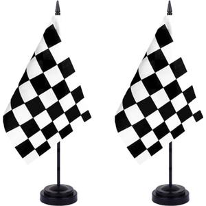 WXTWK 2 Pack Checkered Black and White Racing Flag Race Car Deluxe Desk Flag Set - Mini Small Racing Table Office Flags with Black 12" Solid Pole Stand Base Decorations
