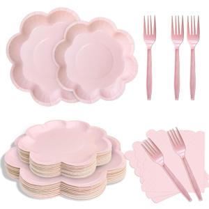 96 Pcs Pink Party Plates Set, Disposable Scalloped Paper Plates and Napkins for 24 Guests - Light Pink Party Supplies for Birthday, Wedding, Baby Shower Events