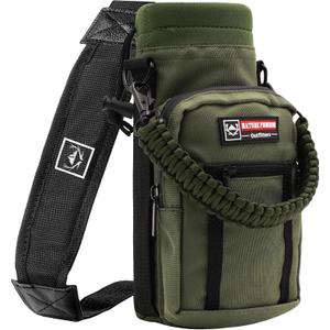 NATURE PIONEOR Water Bottle Holder with Adjustable Strap - 25/32/40oz Insulated Water Bottle Carrier Sling Sleeve with Paracord Handle & 2 Storage Pockets, Hiking, Camping, Gym (Green)