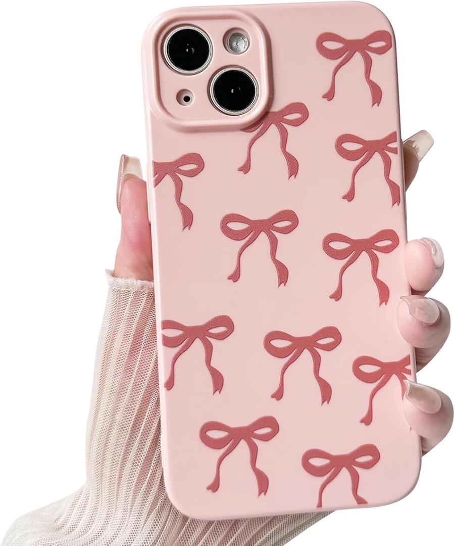 NITITOP Compatible with iPhone 14 Plus Case Cute Bow Knot Ribbon Pattern for Girls Women Trendy Bowknot Slim Fit TPU Bumper Silicone Shockproof Full Camera Protection Cover - Pink