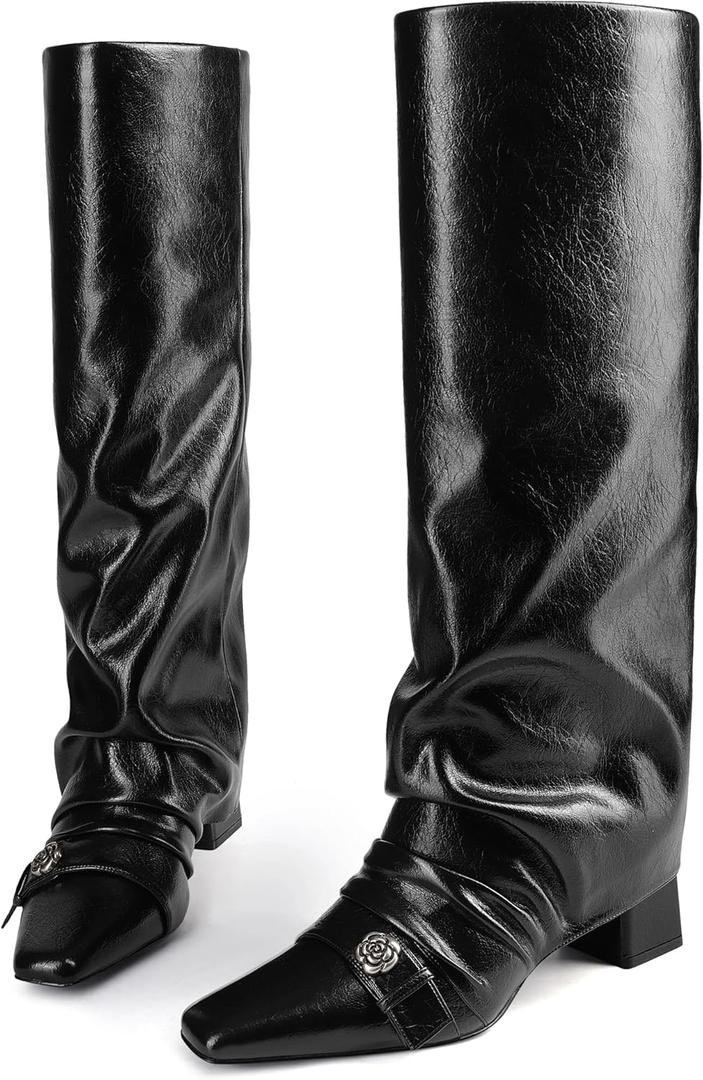 Knee High Boots for Women Square Toe Chunky Heel Fold Over Slouchy Boots Wide Calf Comfortable Tall Boots (11, Black)