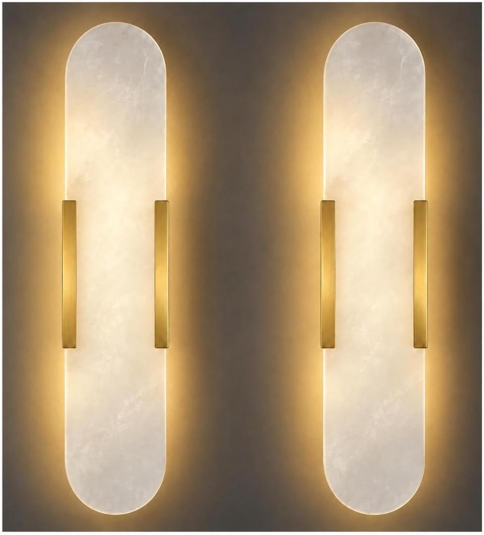 Alabaster Wall Sconce, Natural Marble Wall Light, Modern White Stone Wall Mounted Lighting Fixture for Bathroom Vanity, Bedroom, Living Room, Hallway, Stairs, Entryway (Gold, 2PCS)