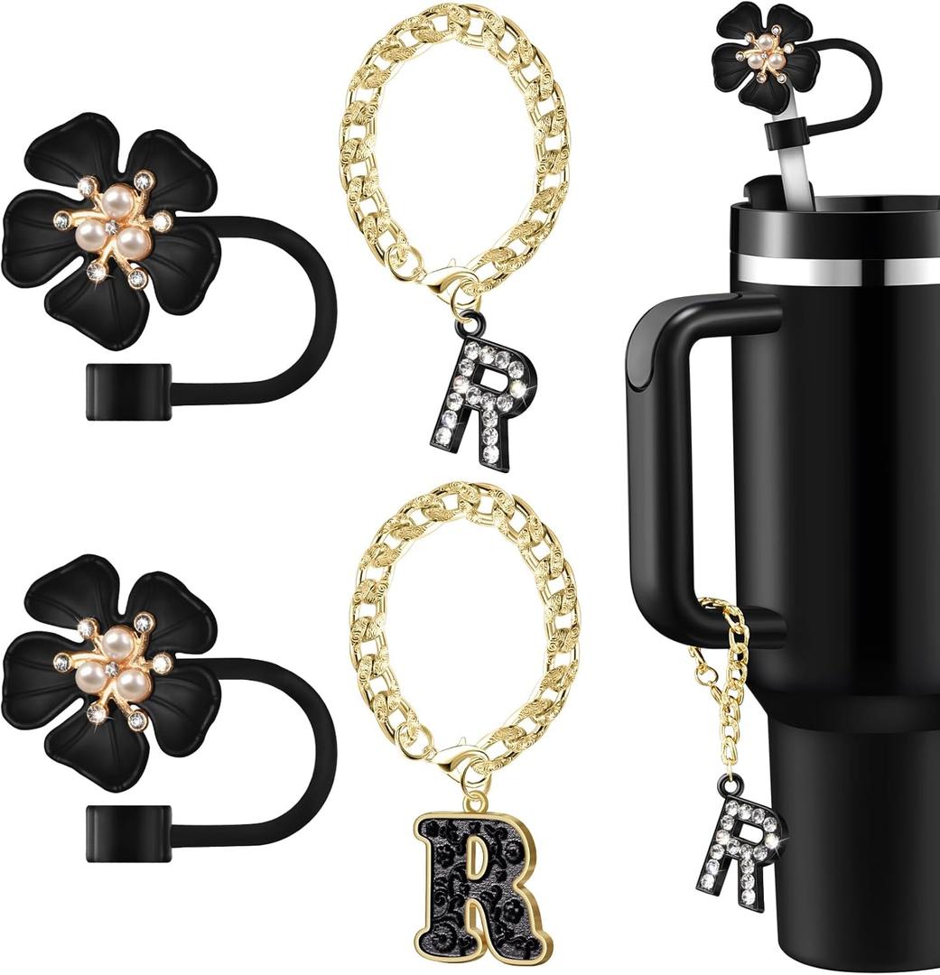 Straw Covers for Stanley Cup Accessories: Black Decorations for Stanley 30 oz & 40 oz Tumbler with Handle, Bling Letter Charms and Flower Silicone Straw Cap Topper, Trendy Stuff for Teen Girls & Women