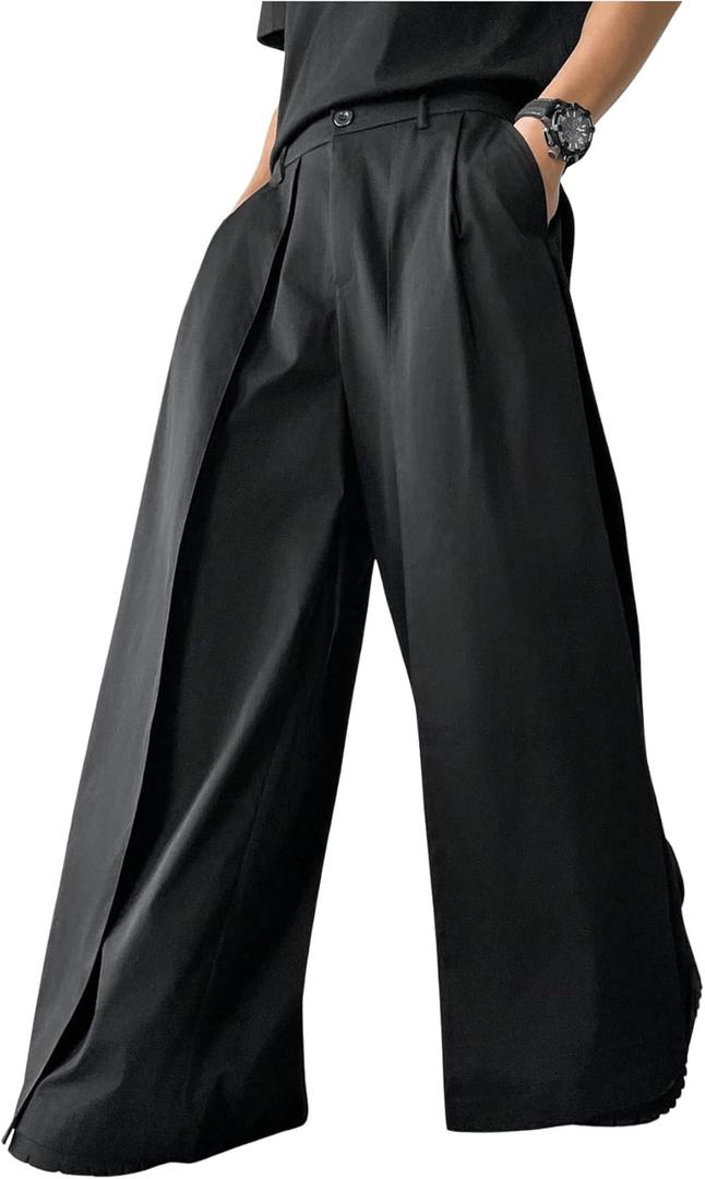OYOANGLE Men's Baggy Wide Leg Pants Zipper Fly Pleated Trousers Business Casual Dress Pants with Pocket (Black) S