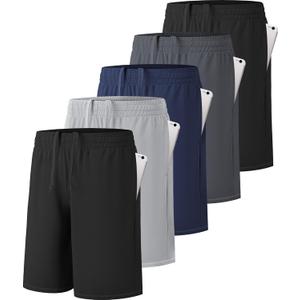 5 Pack Boys Athletic Shorts Active Performance Youth Kids Basketball Shorts Quick Dry with Elastic Waist Pockets (Large, 5a Black,black,dark Grey,navy,light Grey)
