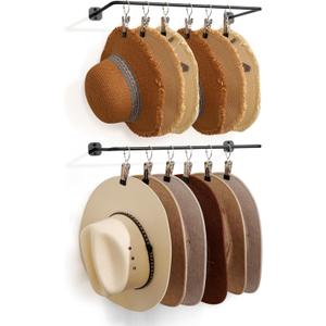 Cowboy Hat Rack for Wall Cowboy Hats Hook with 12 Clips Metal Cowboy Hat Hanger for Bucket Baseball Caps Sunhat Winter Beanies Fedora Hat Organizer Hat Holder on Wall Women Men Closet Black 2 Pcs