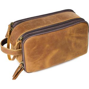 Toiletry Bag for Men, Full Grain Leather Travel Pouch Shaving Dopp Kit Bathroom Toiletries Organizer Bags, Brown